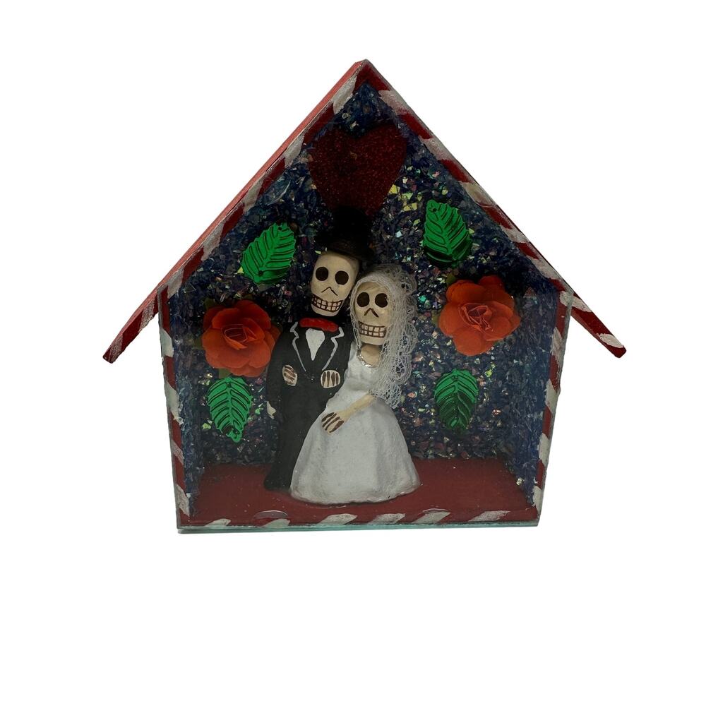 Mexican Art Sculpture Figurine Novios Newlyweds Dia De Los Muertos Shadowbox